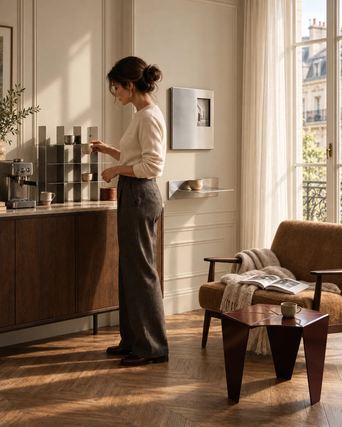 Woman placing a ceramic cup in the Ferrani Mono Grid, with Mono Frame, Mono Plane and Mono Fold in a sunlit Parisian apartment.