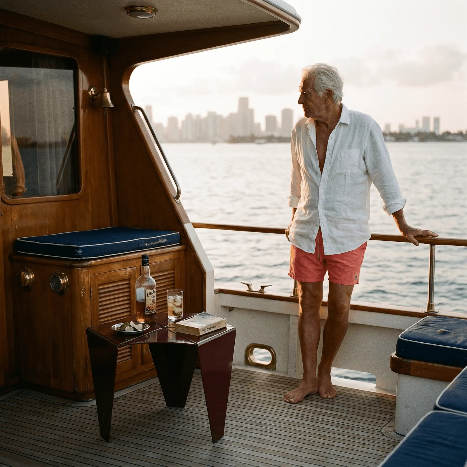 Ferrani Mono Fold side table aboard a yacht at sunset, coastal lifestyle scene