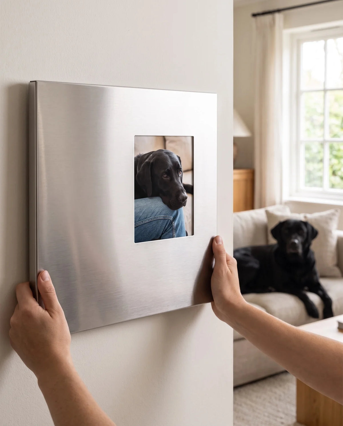 Ferrani Mono Frame with a black Labrador portrait held against a wall, with the dog resting on a sofa in the background.