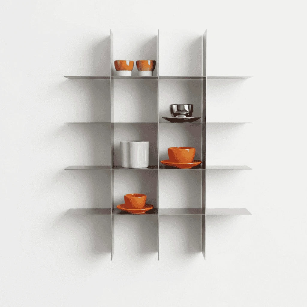 Ferrani Mono Grid wall shelf styled with ceramics modern interior design