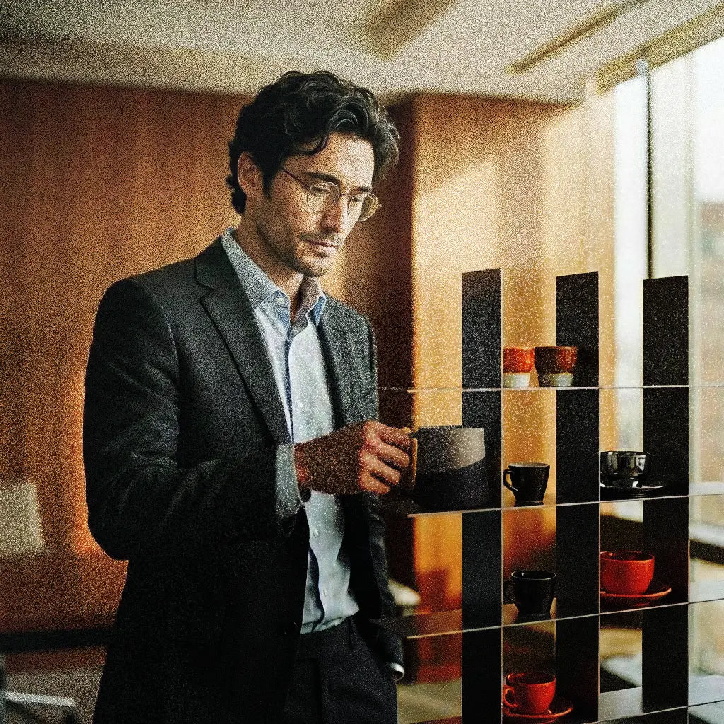 Man in a suit holding a cup in a modern interior setting