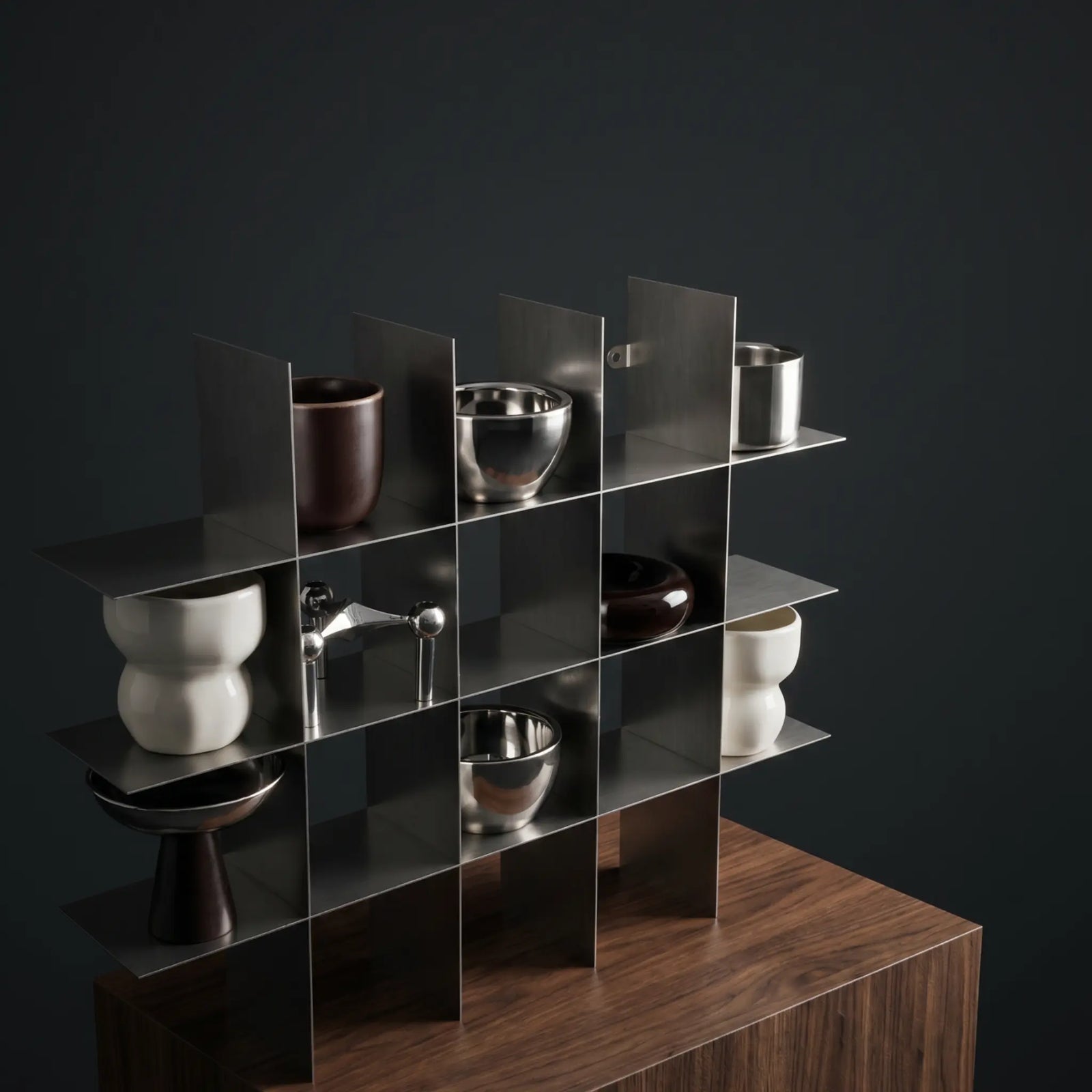 Modular metal shelf with decorative objects in a dark interior