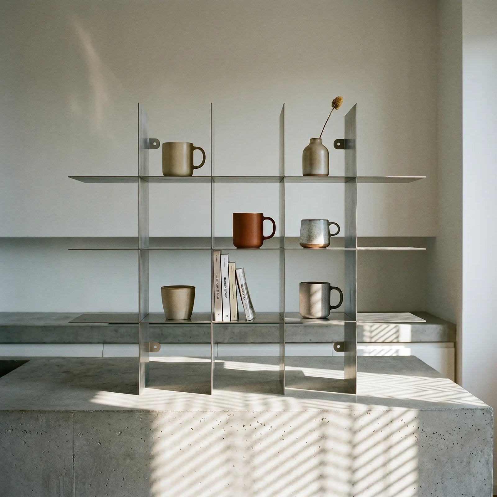 Modular metal shelf with mugs and a vase in a minimalist interior