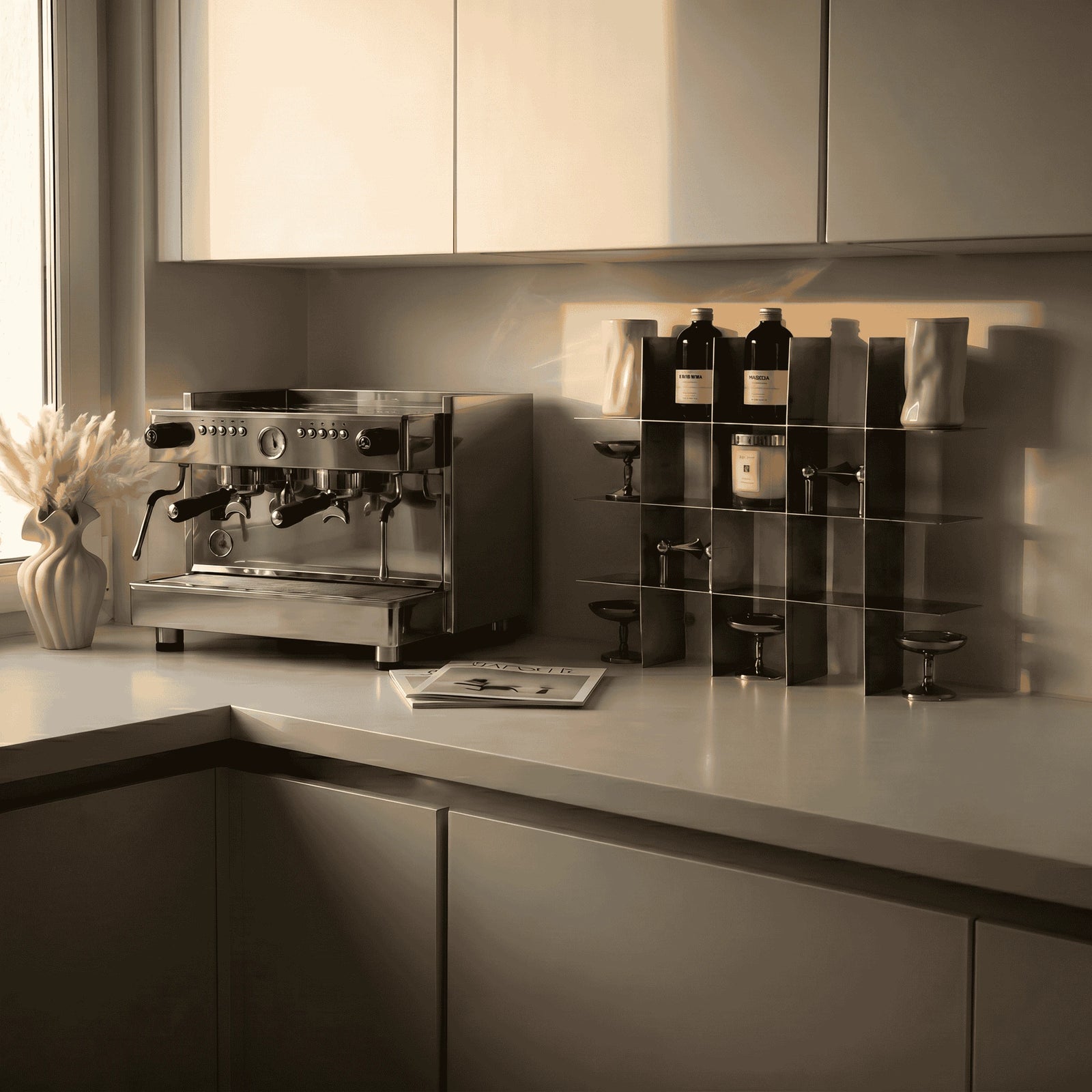 Ferrani Mono Grid brushed steel shelf in modern minimalist kitchen with espresso machine