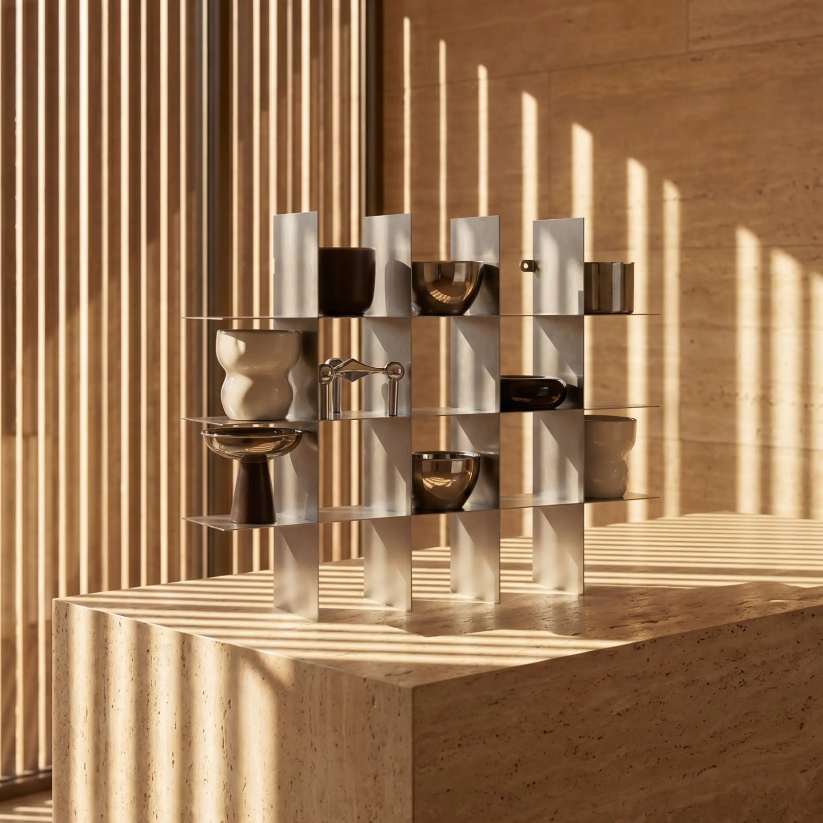 Mono Grid metal shelf with decorative vessels in warm sunlight