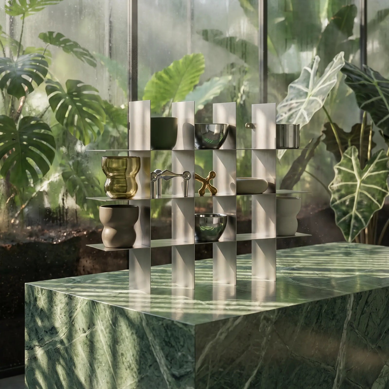 Minimalist stainless steel mug shelf with ceramic mugs displayed in a modern green interior filled with natural light.
